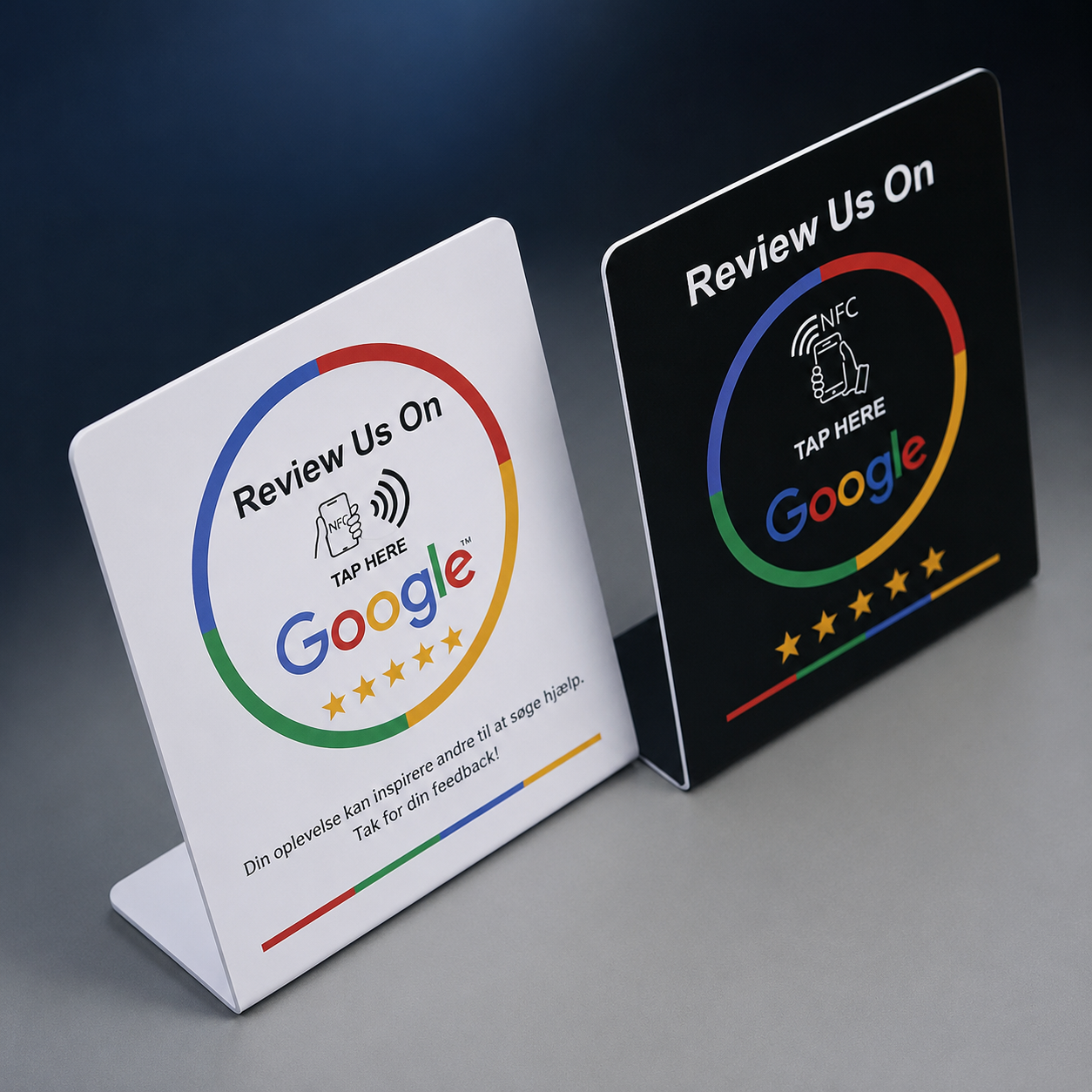 Black and white RatingsRush NFC Google review table stands, each showing Review Us On Google with a tap-here NFC icon